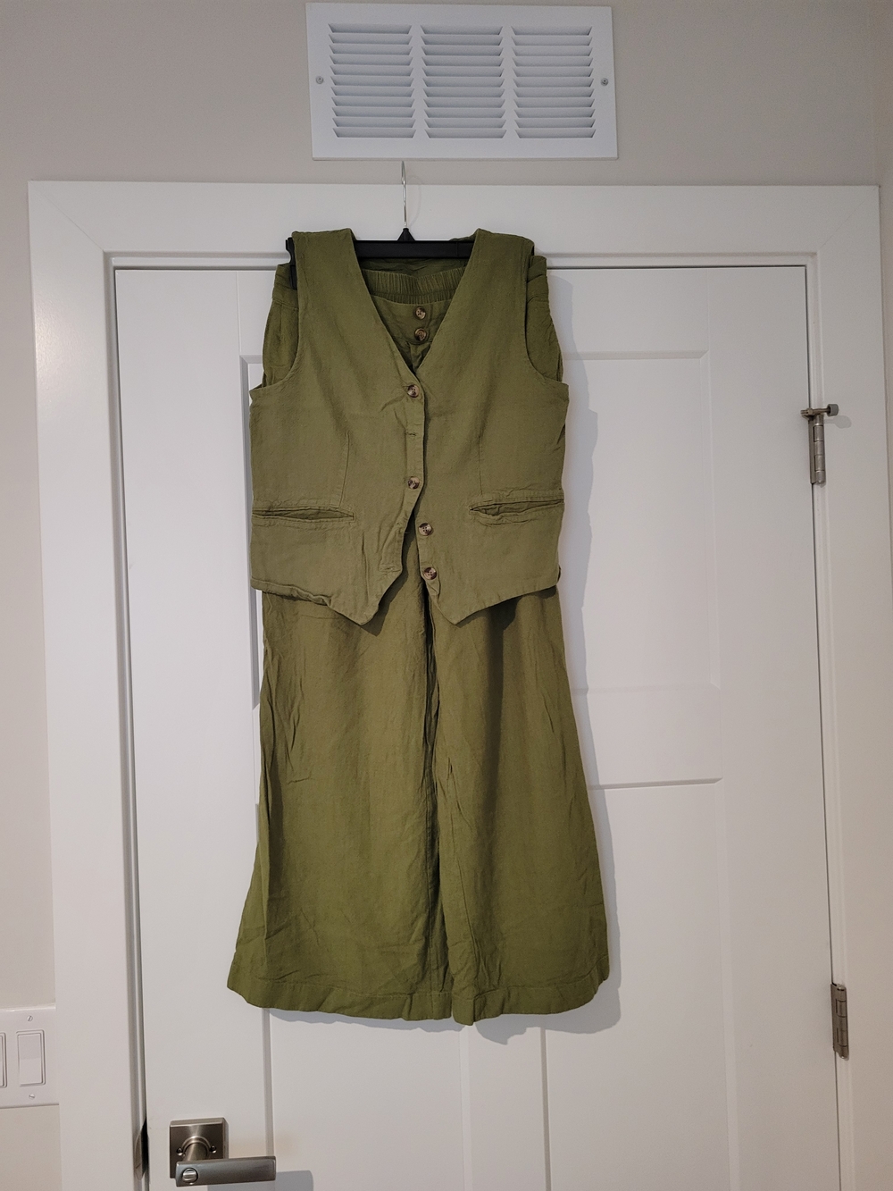 Sleeveless Olive Green Linen-Blend Jumpsuit with Button Vest